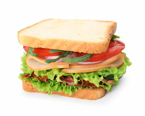 Tasty sandwich with ham, bacon and vegetables isolated on white