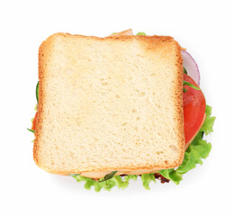 Tasty sandwich with ham and vegetables isolated on white, top view