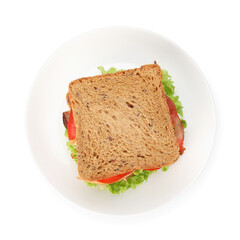 Tasty sandwich with ham and vegetables isolated on white, top view