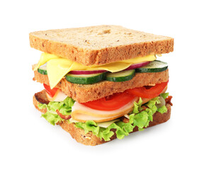 Tasty sandwich with ham, bacon, cheese and vegetables isolated on white