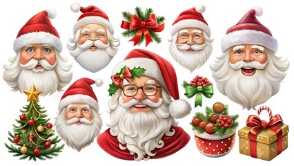 Collection of santa claus illustrations with christmas trees, gifts, and festive decorations, isolated on white background