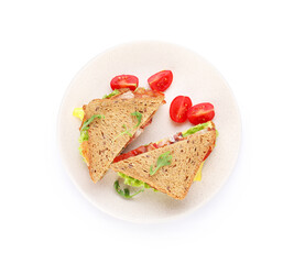 Tasty sandwiches with bacon, cheese and vegetables isolated on white, top view