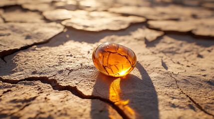 Amber ring shining in soft sunlight on desert cracked earth 