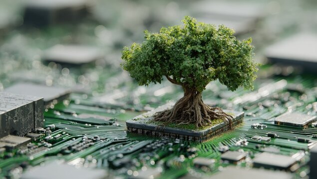 A small tree sits atop a computer circuit board