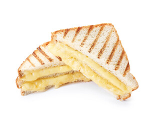 Tasty sandwiches with melted cheese isolated on white