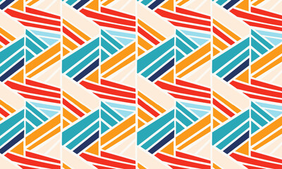 Intricate Geometric Tribal Seamless Pattern, Abstract Ethnic or Folk Art Background in Yellow and Blue for Bohemian Fabric Design