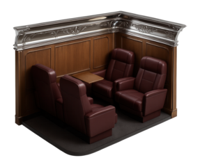 Luxury train compartment with an expansive seating area and ornate ceiling moldings