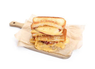 Tasty sandwiches with melted cheese and ham isolated on white