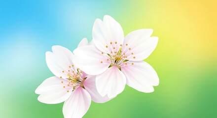 Fototapeta premium Two white flowers with yellow stamens against a gradient background