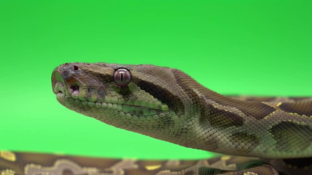 Close-up of a Python Snake Head on Green Screen with Detailed Scales and Eye for Compositing
