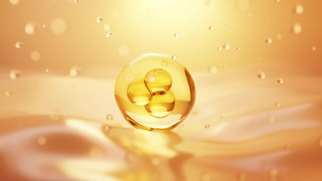 Golden serum capsule floats in luxurious oil fluid. Ideal for skincare ads, cosmetic visuals, and anti-aging product presentations.