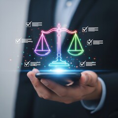 Digital justice scales glowing neon on a smartphone held by a person in a suit