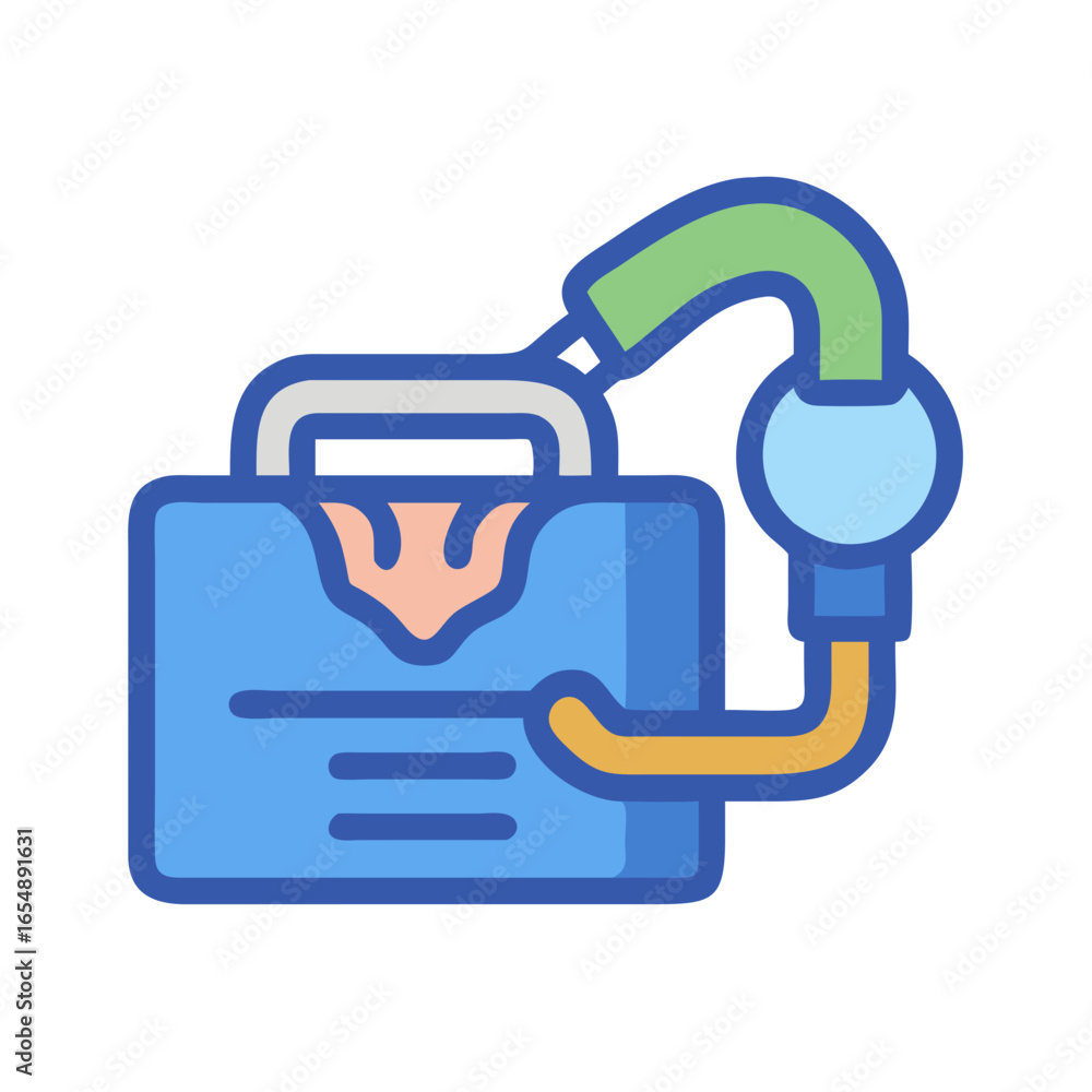 Poster stylized blue briefcase icon connecting to abstract network element