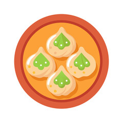 Four garnished dumplings arranged neatly on a round orange plate
