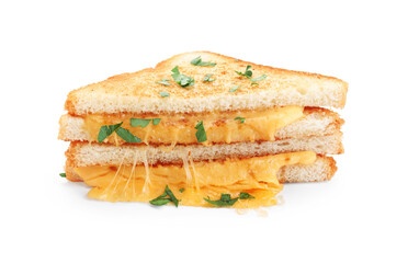 Delicious sandwiches with melted cheese and parsley isolated on white