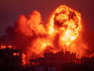 Dramatic aerial view of massive explosion over city buildings at dusk with orange flames and smoke plumes