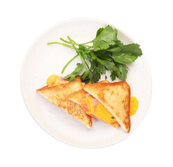 Delicious sandwiches with melted cheese, ham and parsley isolated on white, top view