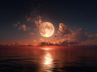 Full moon rising over ocean at night with stars and clouds reflecting in water surface scenic view
