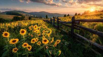 Obraz premium Beautiful sunflower field at sunset with wooden fence landscape scenic summer countryside nature photography