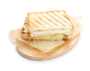 Tasty sandwich with melted cheese isolated on white