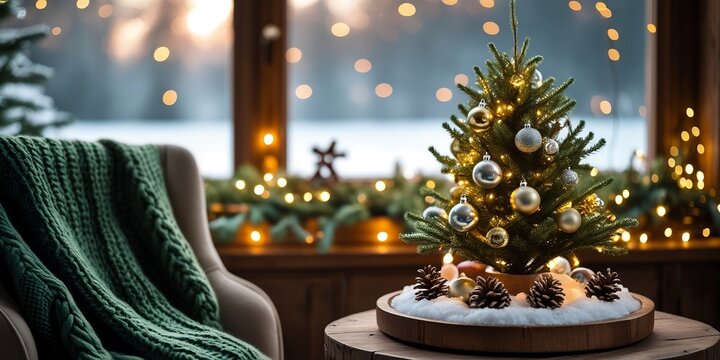 Cozy Christmas mini tree with ornaments, pine cones and holiday lights by a window in warm festive winter home, AI-Generated. - Powered by Adobe