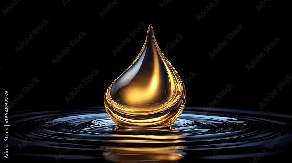 Poster drop of oil is floating on the surface of the water. the oil is golden in color and he is shimmering