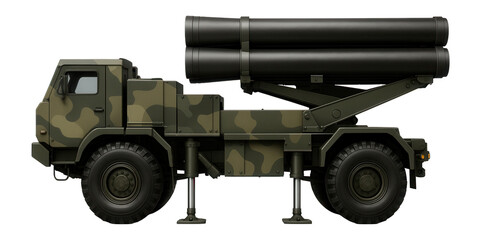 Obraz premium Self-propelled missile platform with a camouflage paint scheme and hydraulic stabilizers