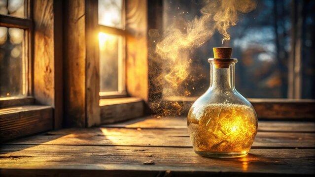 A mystical golden elixir glows within an antique glass bottle, emitting a radiant dust as sunlight streams through a weathered wooden windowsill