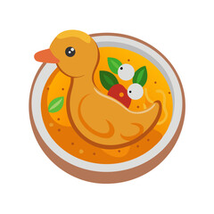 Whimsical duck illustration swimming in bowl of noodle soup