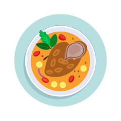 Colorful stew in bowl, top-down view, clean vector illustration
