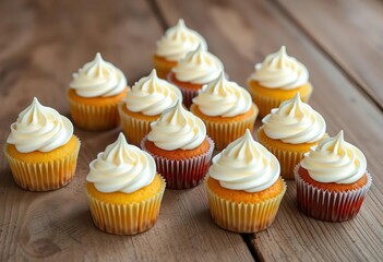 Miniature cupcakes topped with fluffy cream swirls, arranged on rustic wooden surface,  background,  texture