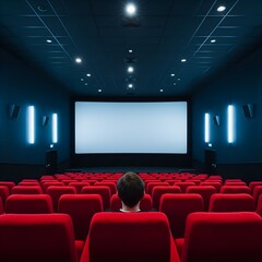 Single person sitting in a dark movie theater watching a blank white screen