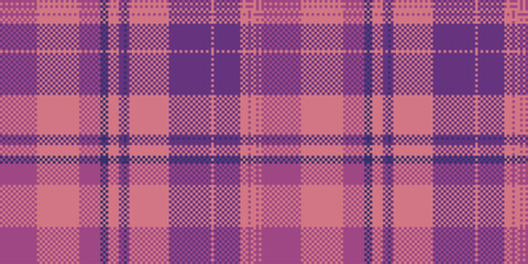 Pixelated tartan pattern with a purple and pink color palette. Perfect for backgrounds, textiles, or digital design with a retro feel. Use for crafts or design.