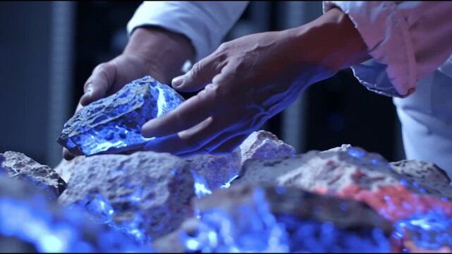 Rare earth minerals industry. Extraction renewable. Elements mining energy. Hands examining glowing mineral rocks with blue luminescence.
