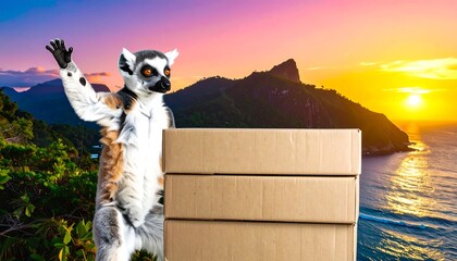Fototapeta premium A lemur stands ready to deliver packages against a dramatic sunset over tropical mountains and a tranquil ocean.