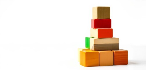 Fototapeta premium Colorful wooden blocks forming a tower on white background, toddler, creativity