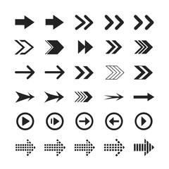 Collection of black arrow icons and play pause symbols on white background direction navigation