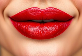 Obraz premium Close-up of red lipstick on full lips, sensual, kissable, macro, sexy