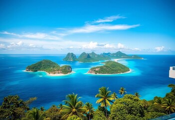 Fototapeta premium Azure ocean, lush island panorama from hotel terrace, sea, sun