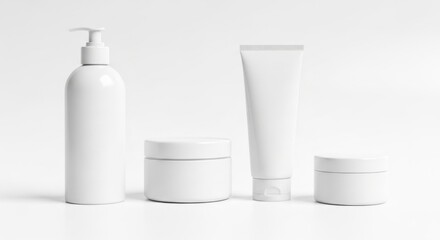 White cosmetics lotion pump tube two jars arranged on a seamless white background