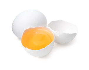 Whole and broken chicken eggs isolated on white