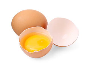 Whole and broken chicken eggs isolated on white