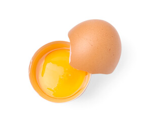 One broken chicken egg isolated on white, top view