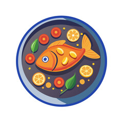 Colorful flat design of cooked fish with lemon and tomato