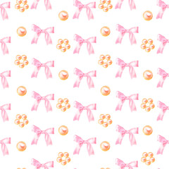 Seamless pattern with pink bow and pearl flower and pearls, hand drawn in watercolor.