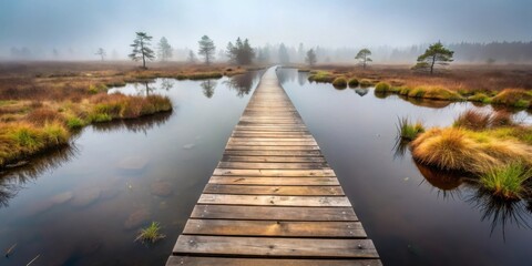 Fototapeta premium Wooden Pathway Across Serene Misty Wetland Reflecting Tranquil Autumnal Scenery