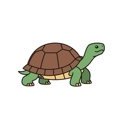A cheerful cartoon tortoise, green and brown, walking slowly.