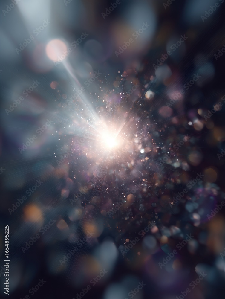 Poster abstract light beam shining through dark space with bokeh effect and glitter particles in a dreamy s