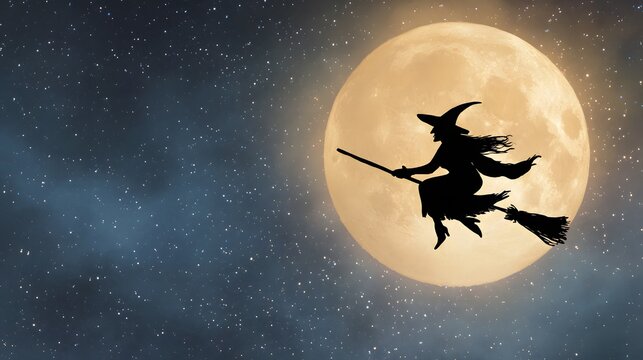 Silhouette of a witch on a broomstick flying in front of the moon against a starry night sky. - Powered by Adobe
