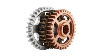 Industrial gears mechanical engineering design teamwork collaboration innovation concept metalwork on transparent background